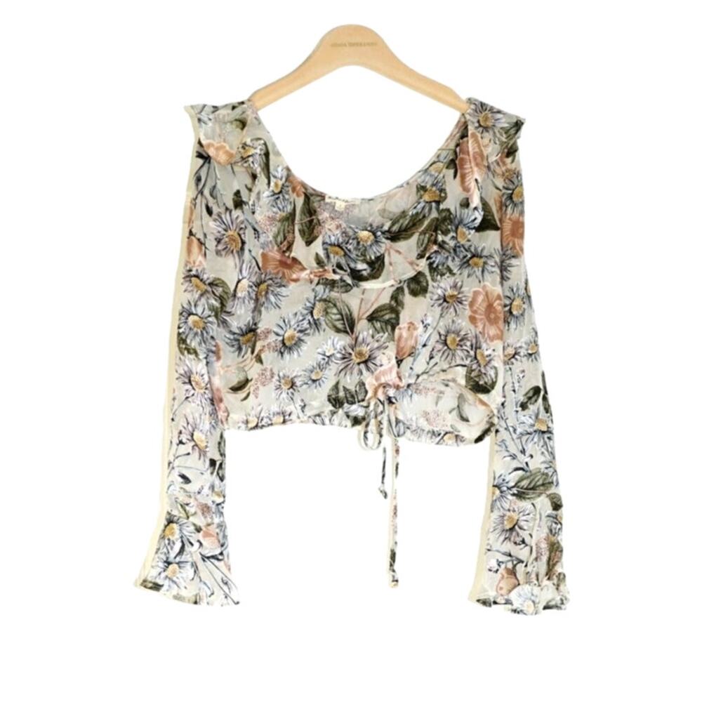 For Love & Lemons Floral Cropped Tie-Front Top in Cream, Green, Pink